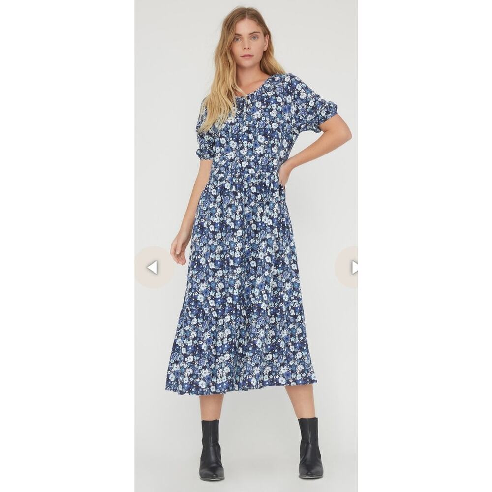 Lacausa Cottagecore Cass Dress Sapphire Watercolor Floral Crinkled Cotton,XS